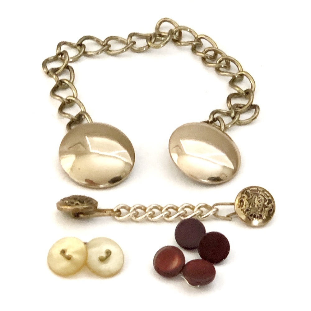 Lot of 5 Pairs Vintage Gold Tone Metal Shank Button w/Chain